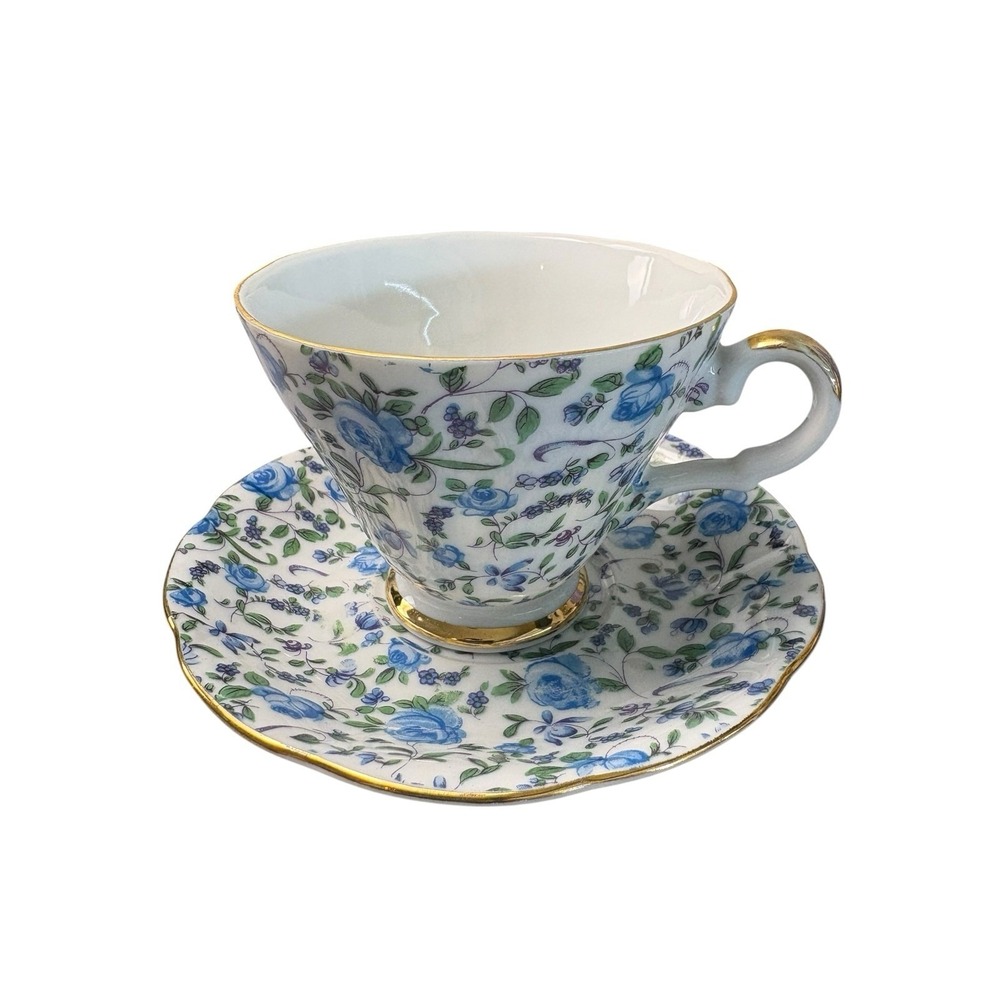 Vintage Lefton China Blue Chintz Floral Teacup & Saucer Set Gold Trim